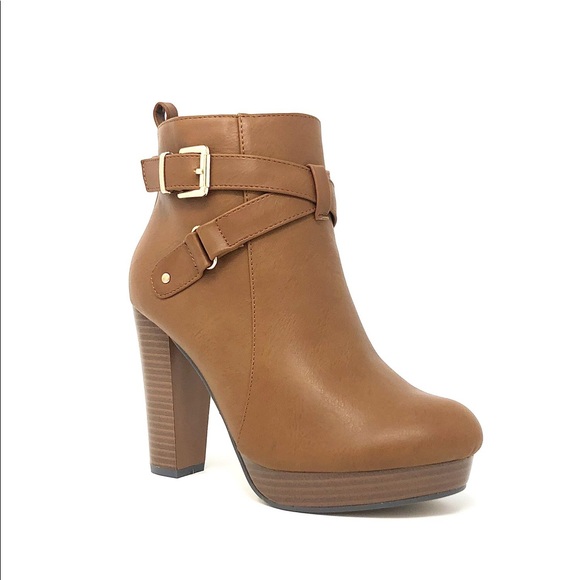 Cognac Tan Vegan Leather Buckle Ankle Boots - Picture 9 of 12
